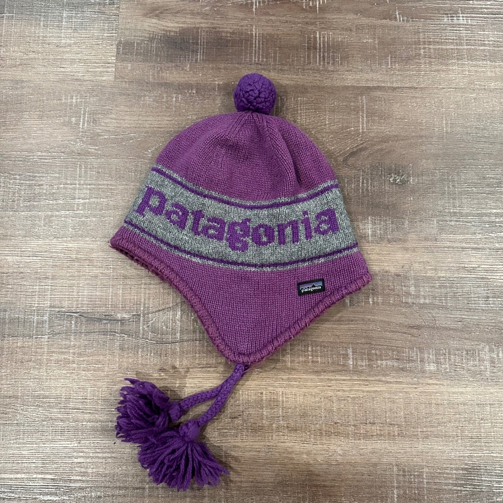 Patagonia Kids Knit Earflap Beanie Merino Wool Fleece Lined Purple Size M Hat